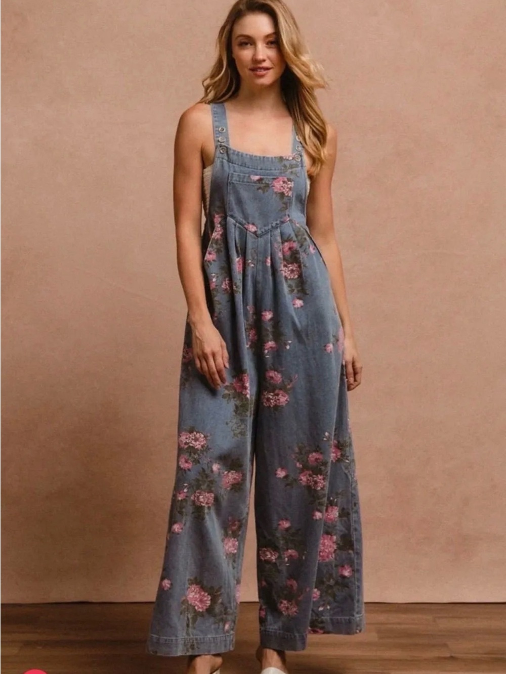 BiBi Denim Floral Wide-Leg Jumpsuit in Blue with Pink Flowers